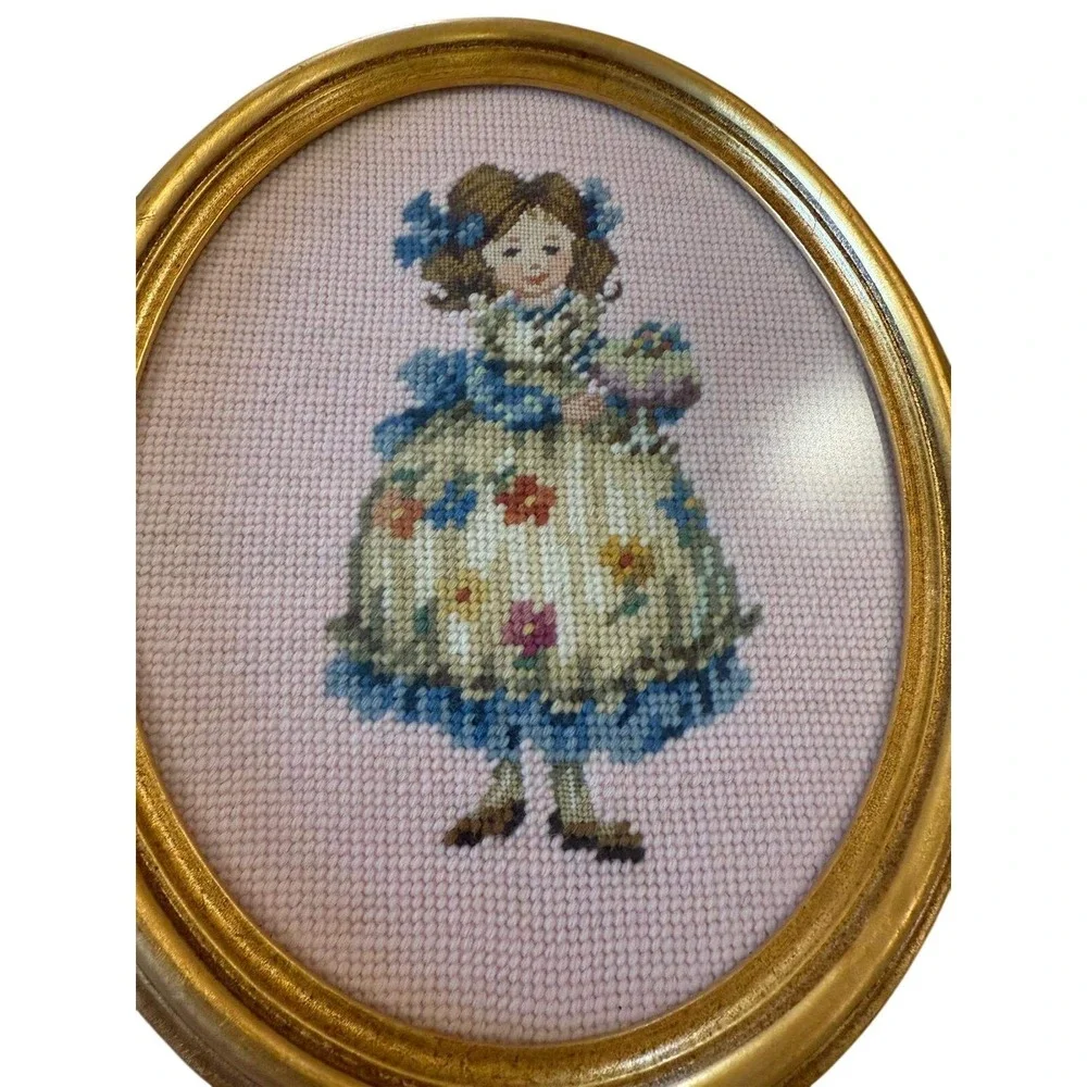 Vintage Oval Gold Framed Needlepoint Art Pair Victorian Girls Marjane Davant